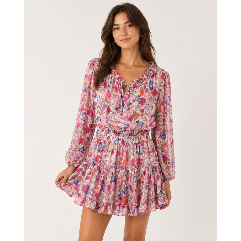 Sincerely Ours Freya Mini Dress Pink Floral Ruffle Smocked Size XS